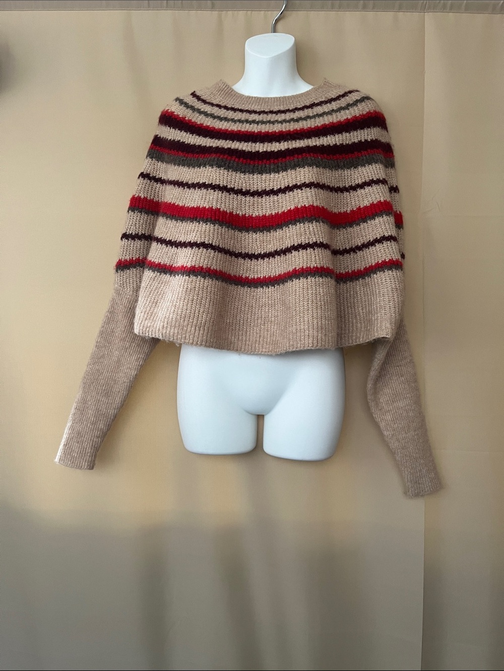 Kerisma Beige Cropped Crewneck Sweater with Red & Black Stripes